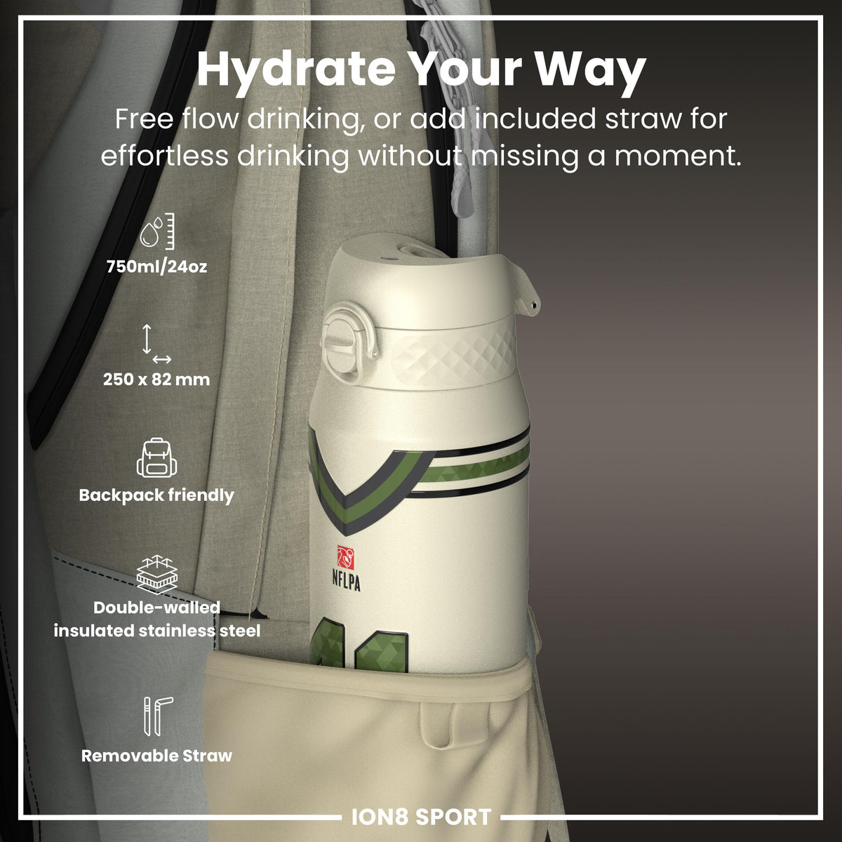 NFL x ION8, Isolierte Stahlflasche, Icon Series, Alvin Kamara, 750 ml