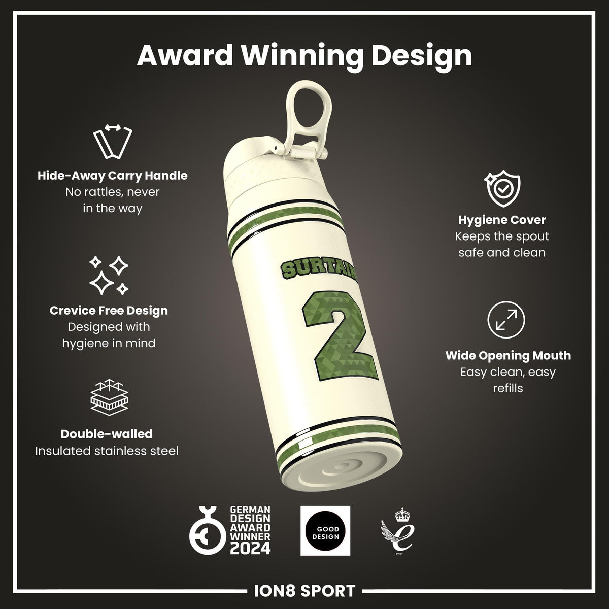 NFL x ION8, Isolierte Stahlflasche, Icon Series, Pat Surtain, 750 ml