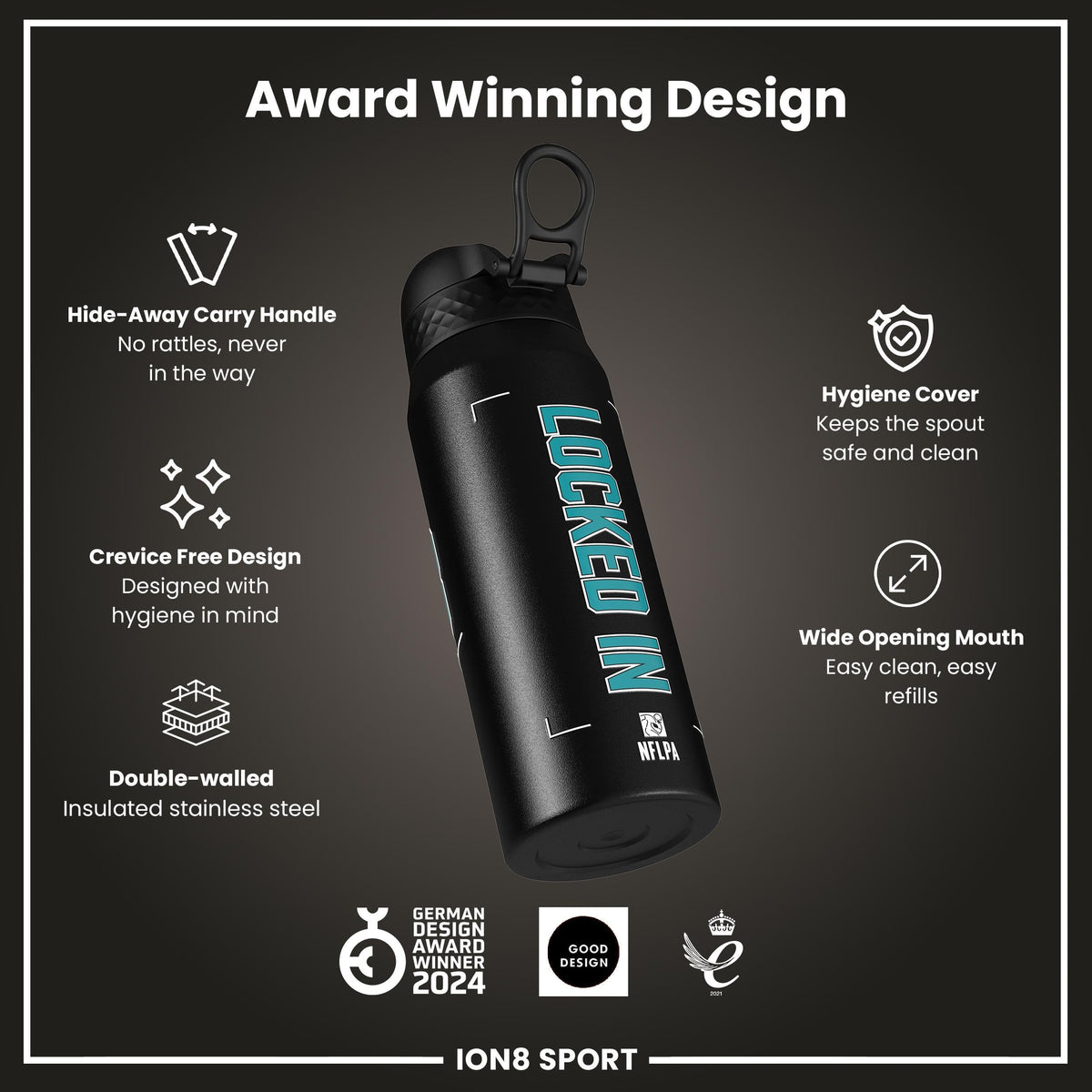 NFL x ION8, Isolierte Stahlflasche, Locked In Series, De'Von Achane, 750 ml