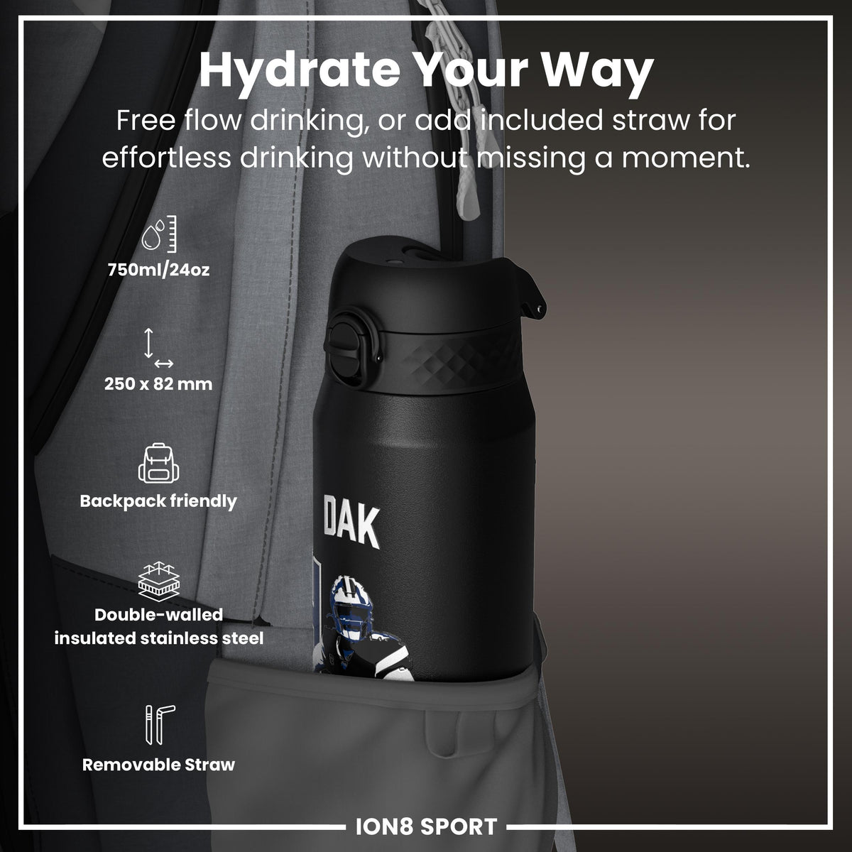 NFL x ION8, Isolierte Stahlflasche, Locked In Series, Dak Prescott, 750 ml