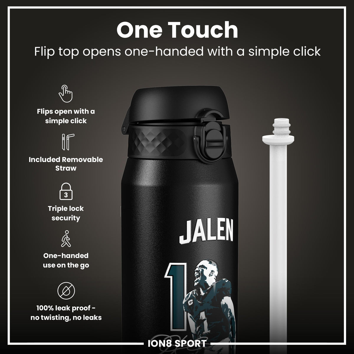 NFL x ION8, Isolierte Stahlflasche, Locked In Series, Jalen Hurts, 750 ml