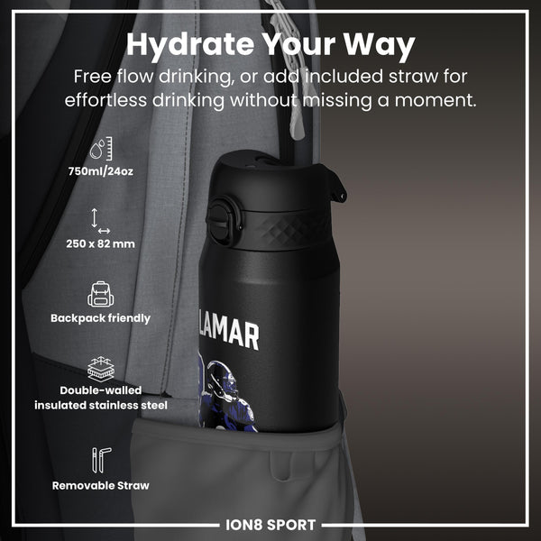 NFL x ION8, Isolierte Stahlflasche, Locked In Series, Lamar Jackson, 750 ml