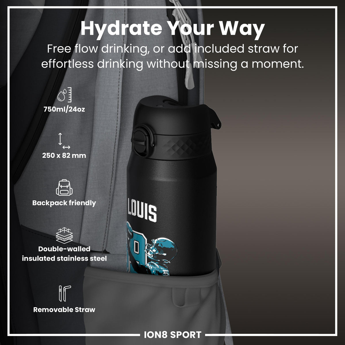 NFL x ION8, Isolierte Stahlflasche, Locked In Series, Ress-Zammit, 750 ml