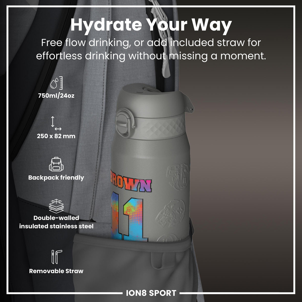 NFL x ION8, Isolierte Stahlflasche, Signature Series, AJ Brown, 750 ml