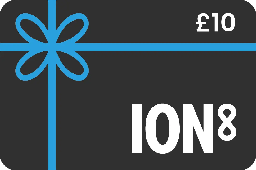 A dark gift card is decorated with a blue ribbon featuring text: "£10" in the upper right corner and "ION8" prominently displayed in white at the bottom.