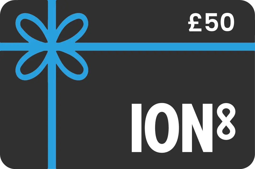 Gift card displaying £50 in the top corner with blue ribbon design on black background featuring bold white text ION8
