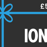Gift card displaying £50 in the top corner with blue ribbon design on black background featuring bold white text ION8