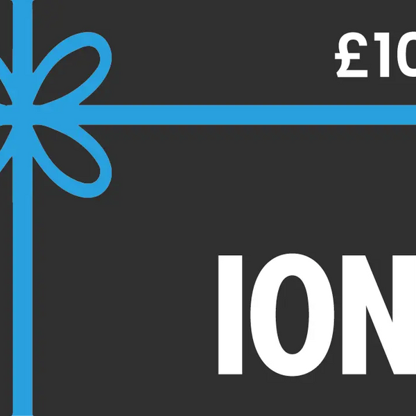 A dark background features a blue ribbon and bow design £100 in the top right corner and ION8 prominently displayed in white text.