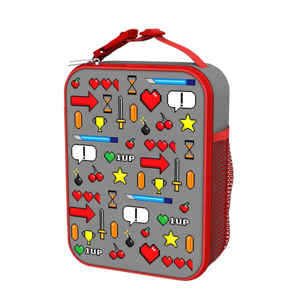 Lunchbox decorated with pixel art icons like hearts, swords, and stars in a video game theme provides visual interest against a gray background with a red handle and trim
