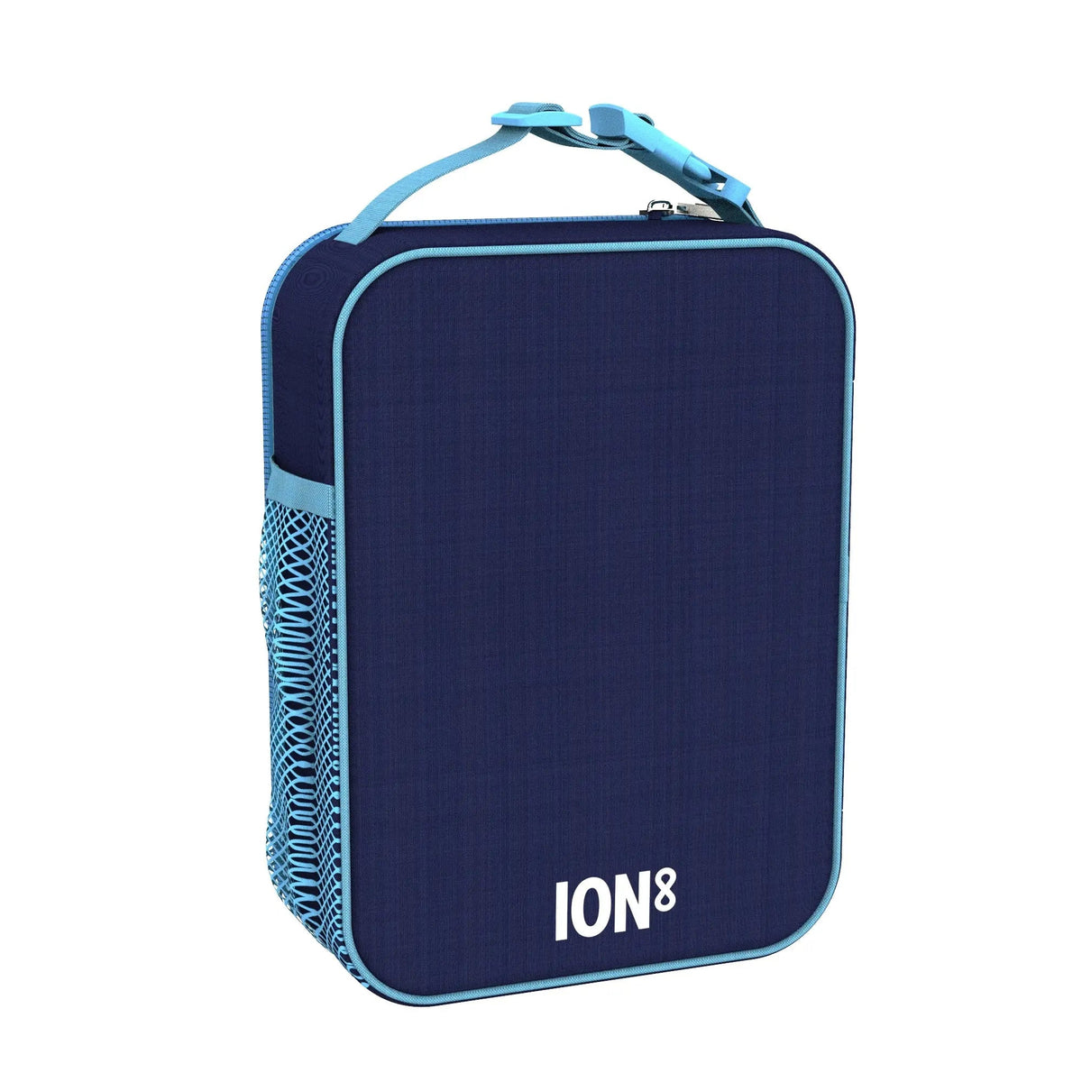 A navy blue insulated lunch bag with light blue trim and handle, featuring a side mesh pocket and the text "ION8" on a white background.