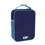 A navy blue insulated lunch bag with light blue trim and handle, featuring a side mesh pocket and the text 