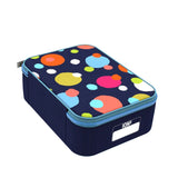 Lunchbox featuring multicolored polka dots on a dark blue background with a light blue zipper. The name 