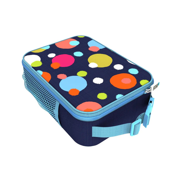 Lunch box displaying colorful circles on a dark blue background features light blue zippers and straps situated against a white backdrop