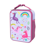 Colorful unicorn lunchbox displaying cheerful unicorns and rainbows with hearts and stars against a lavender background featuring the word 