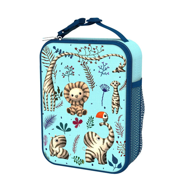 Blue lunchbox featuring whimsical animal illustrations including a zebra-striped giraffe and elephant surrounded by colorful plants with a blue handle and side mesh pocket