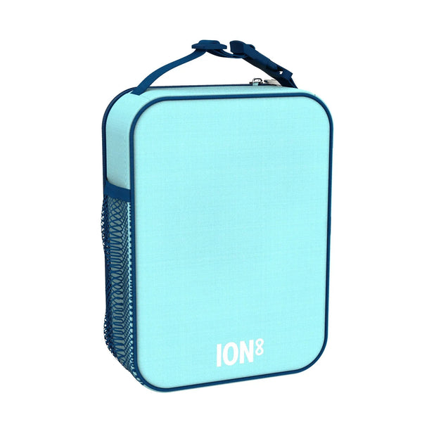A light blue rectangular lunch bag with a blue handle and mesh sides stands upright against a white background Text on the bag reads ION8