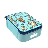 Blue lunch box depicting cartoon jungle animals like lions and zebras interacting playfully amidst foliage ION8 text label on the side enhanced by easy-zip closure and compact design.
