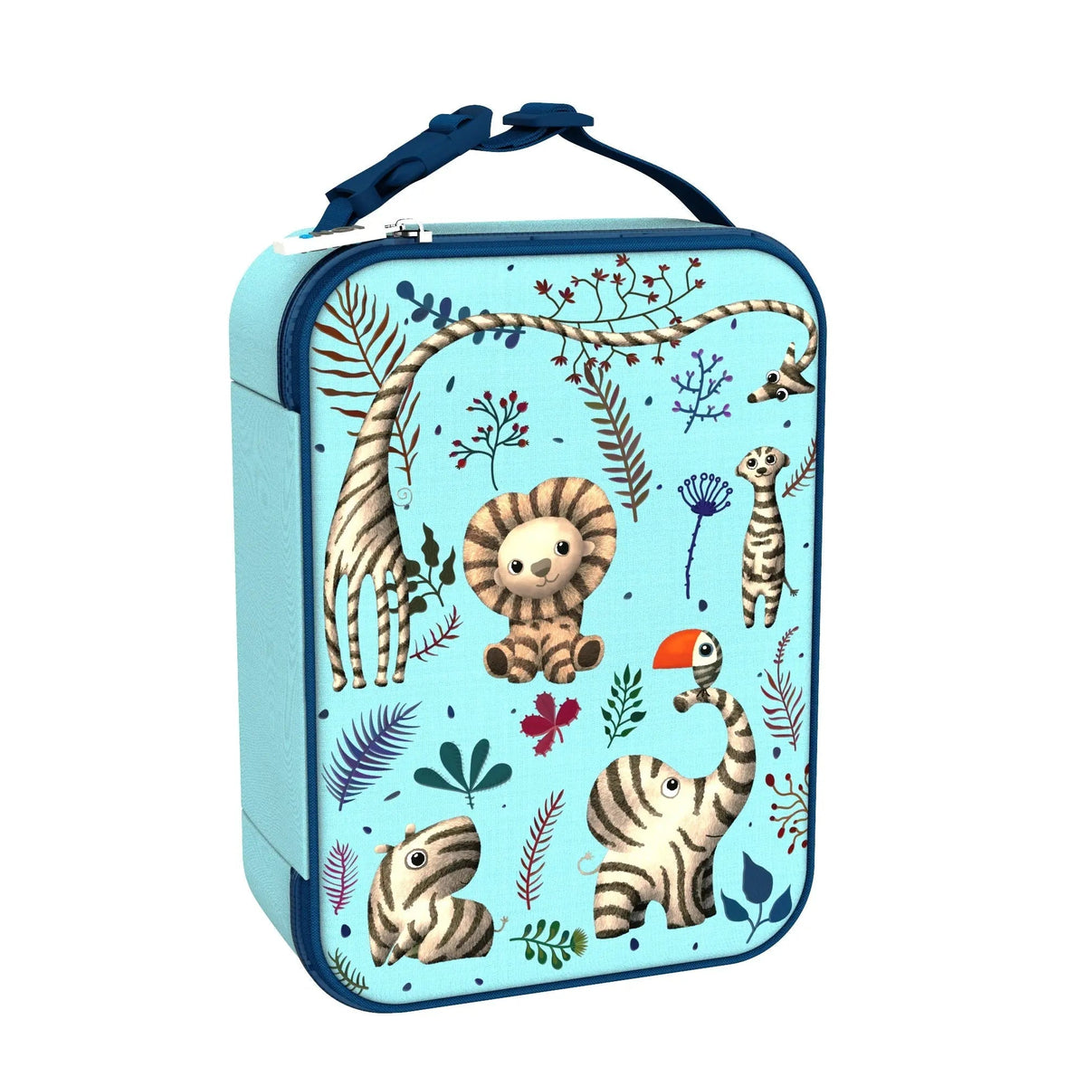Lunchbox features cartoon animals like giraffe, lion, and elephant on a blue background adorned with branches and leaves, equipped with a dark blue handle and zipper.