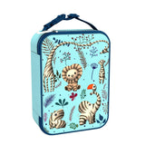 Lunchbox features cartoon animals like giraffe, lion, and elephant on a blue background adorned with branches and leaves, equipped with a dark blue handle and zipper.