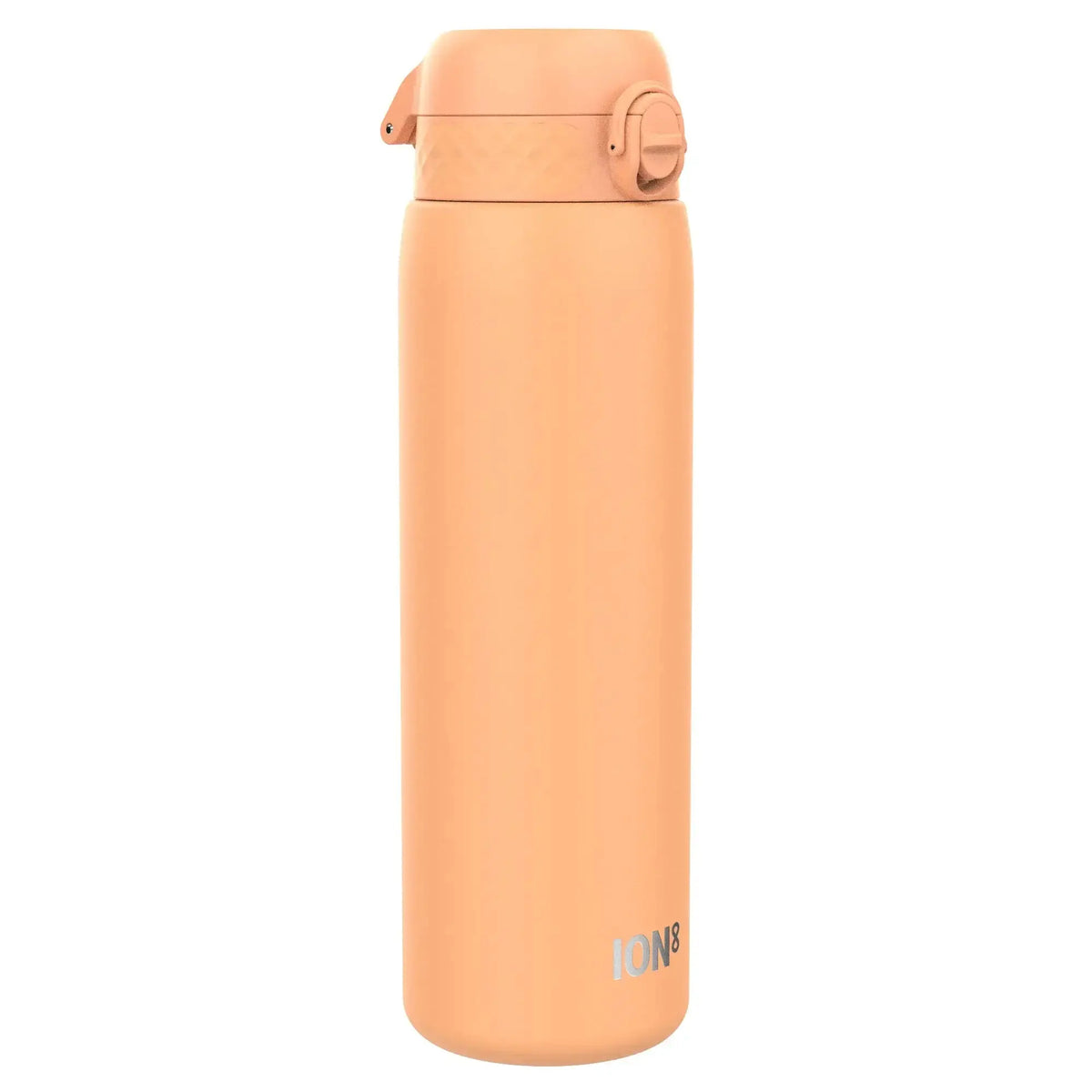 A peach-colored insulated water bottle is standing upright with a secure lid and a locking mechanism. Text on the lower part reads ION8 against a plain white background.