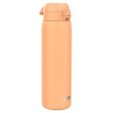 A peach-colored insulated water bottle is standing upright with a secure lid and a locking mechanism. Text on the lower part reads ION8 against a plain white background.