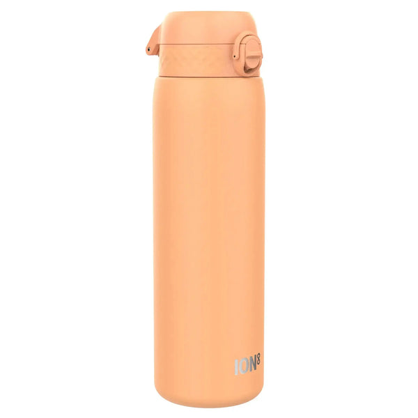 A peach-colored insulated water bottle is standing upright with a secure lid and a locking mechanism. Text on the lower part reads ION8 against a plain white background.