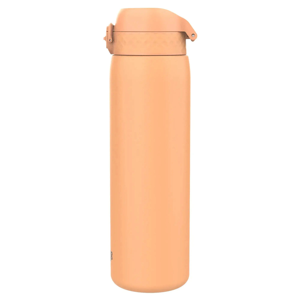 A tall peach-colored thermos bottle stands upright against a white background featuring a flip-top lid for easy access