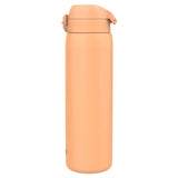 A tall peach-colored thermos bottle stands upright against a white background featuring a flip-top lid for easy access