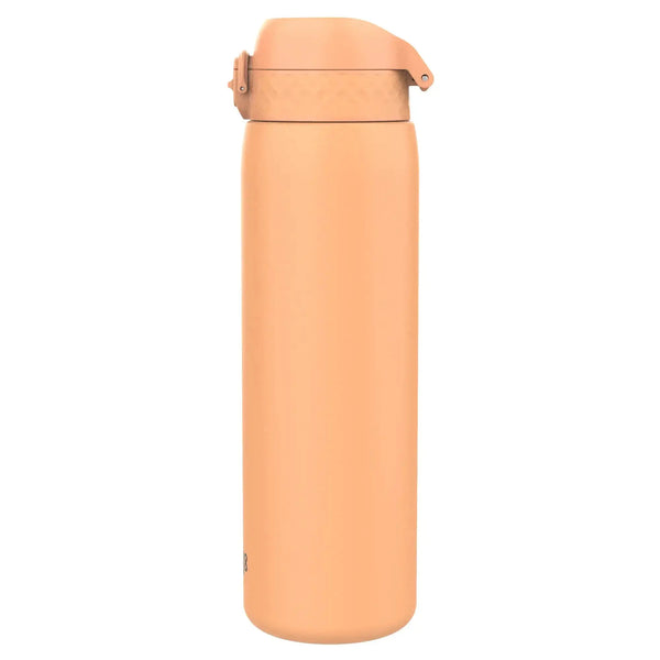 A tall peach-colored thermos bottle stands upright against a white background featuring a flip-top lid for easy access