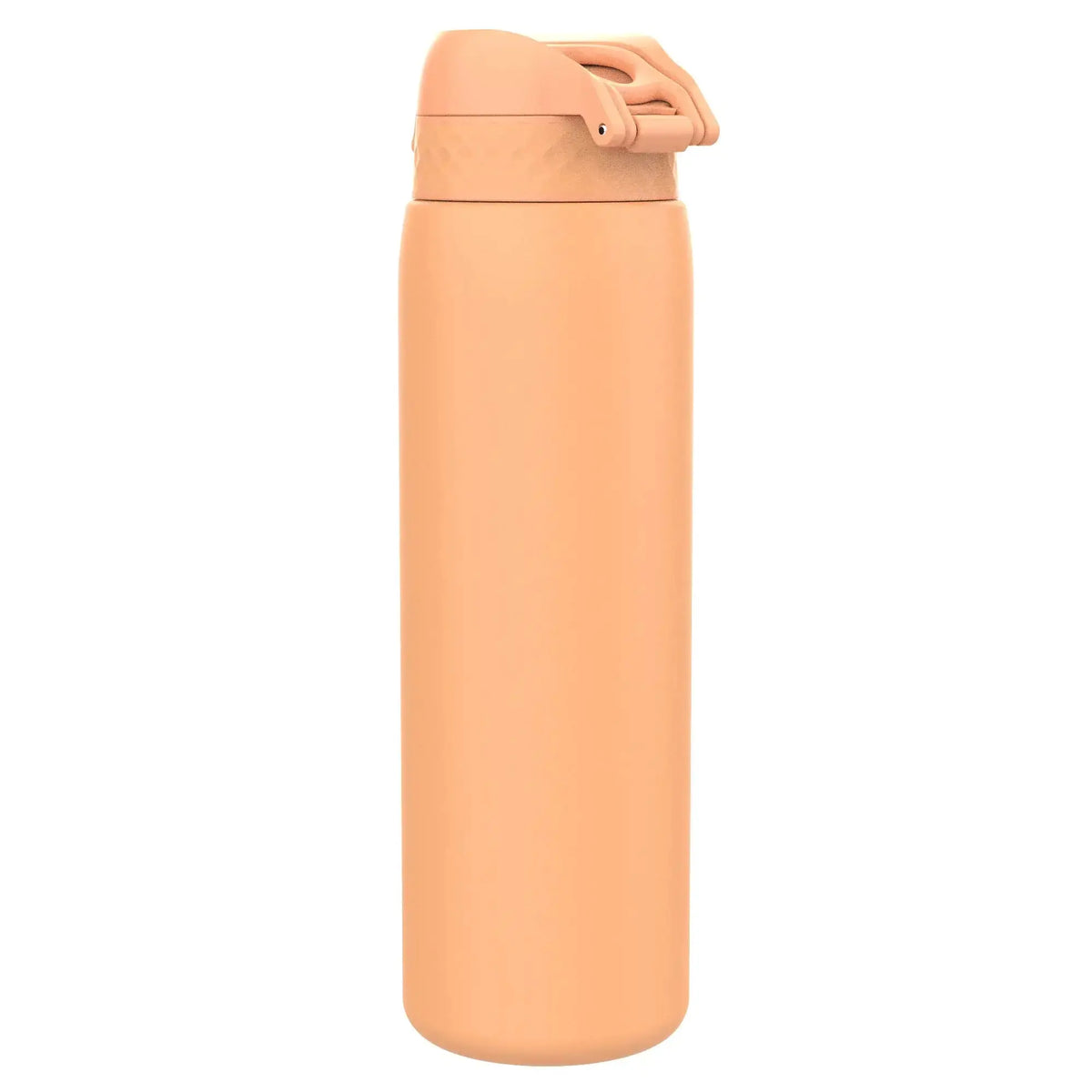 A tall peach-colored thermos bottle stands upright with a flip-top lid against a plain white background.