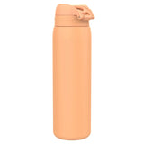 A tall peach-colored thermos bottle stands upright with a flip-top lid against a plain white background.