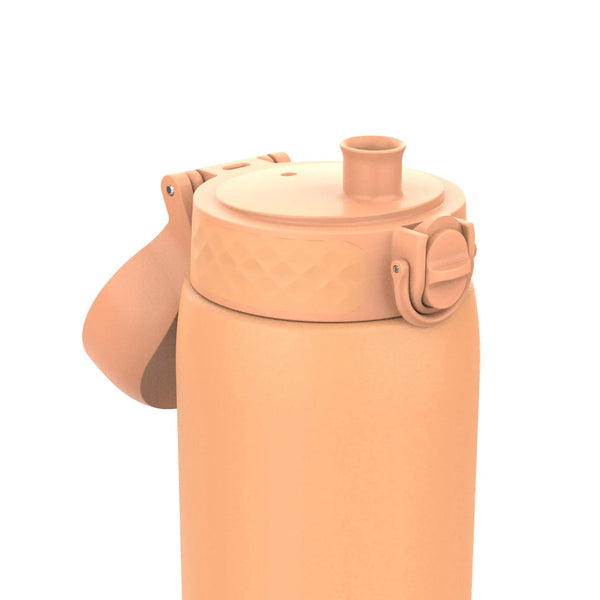 A peach-colored water bottle with a lid featuring a spout and a flip-top cap in a plain white background setting.