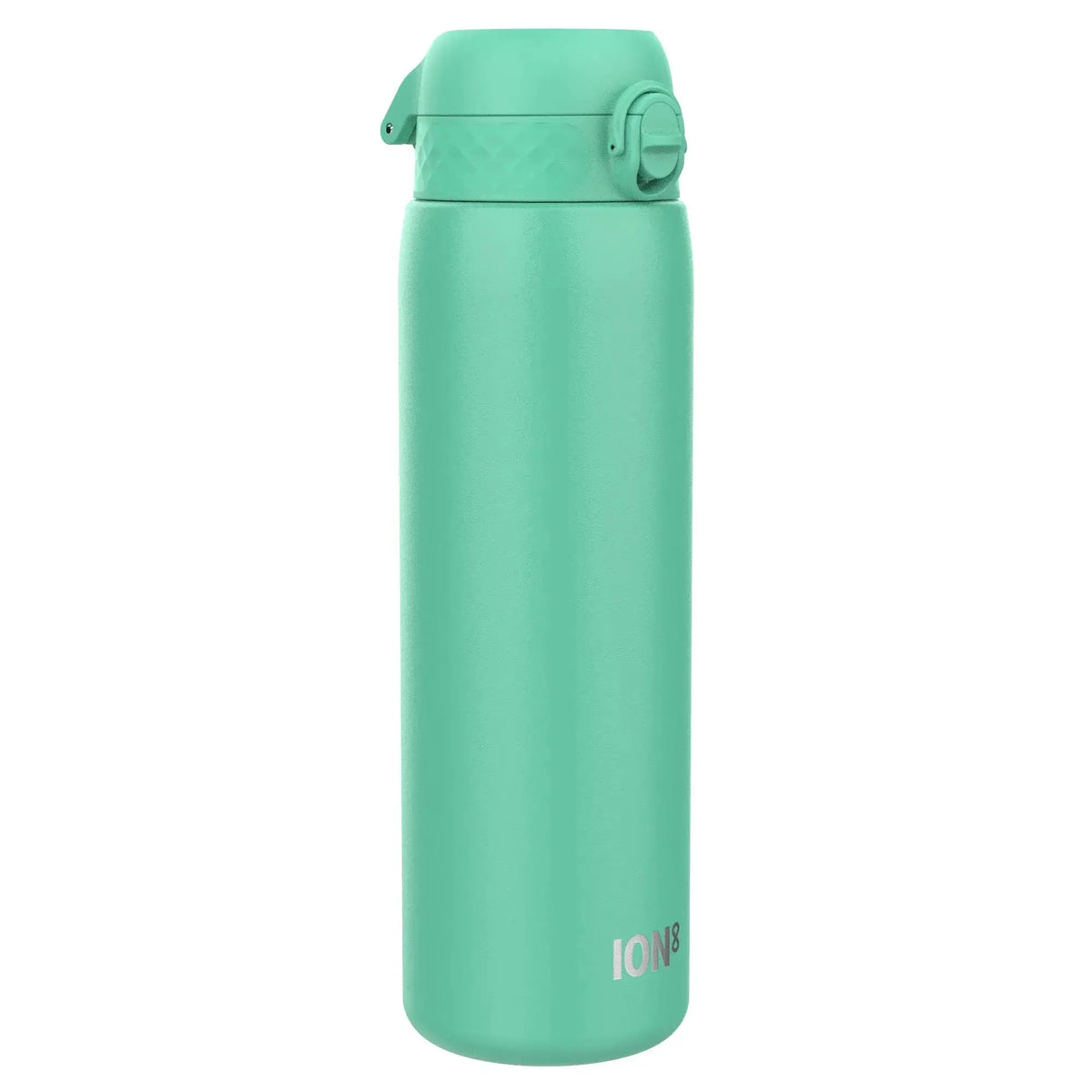 A tall, sleek teal water bottle stands upright against a plain white background displaying the text "ION8" near its base.