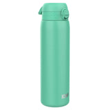 A tall, sleek teal water bottle stands upright against a plain white background displaying the text 