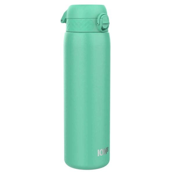 A tall, sleek teal water bottle stands upright against a plain white background displaying the text "ION8" near its base.
