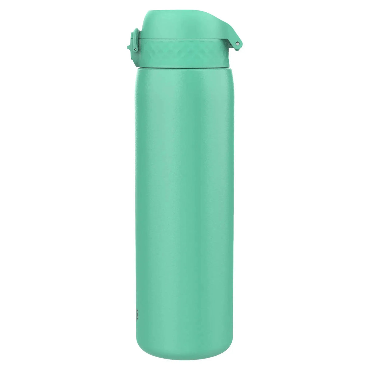 A mint green insulated water bottle stands upright with a flip-top lid in a plain white background.