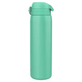 A mint green insulated water bottle stands upright with a flip-top lid in a plain white background.