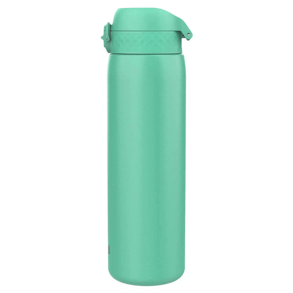 A mint green insulated water bottle stands upright with a flip-top lid in a plain white background.