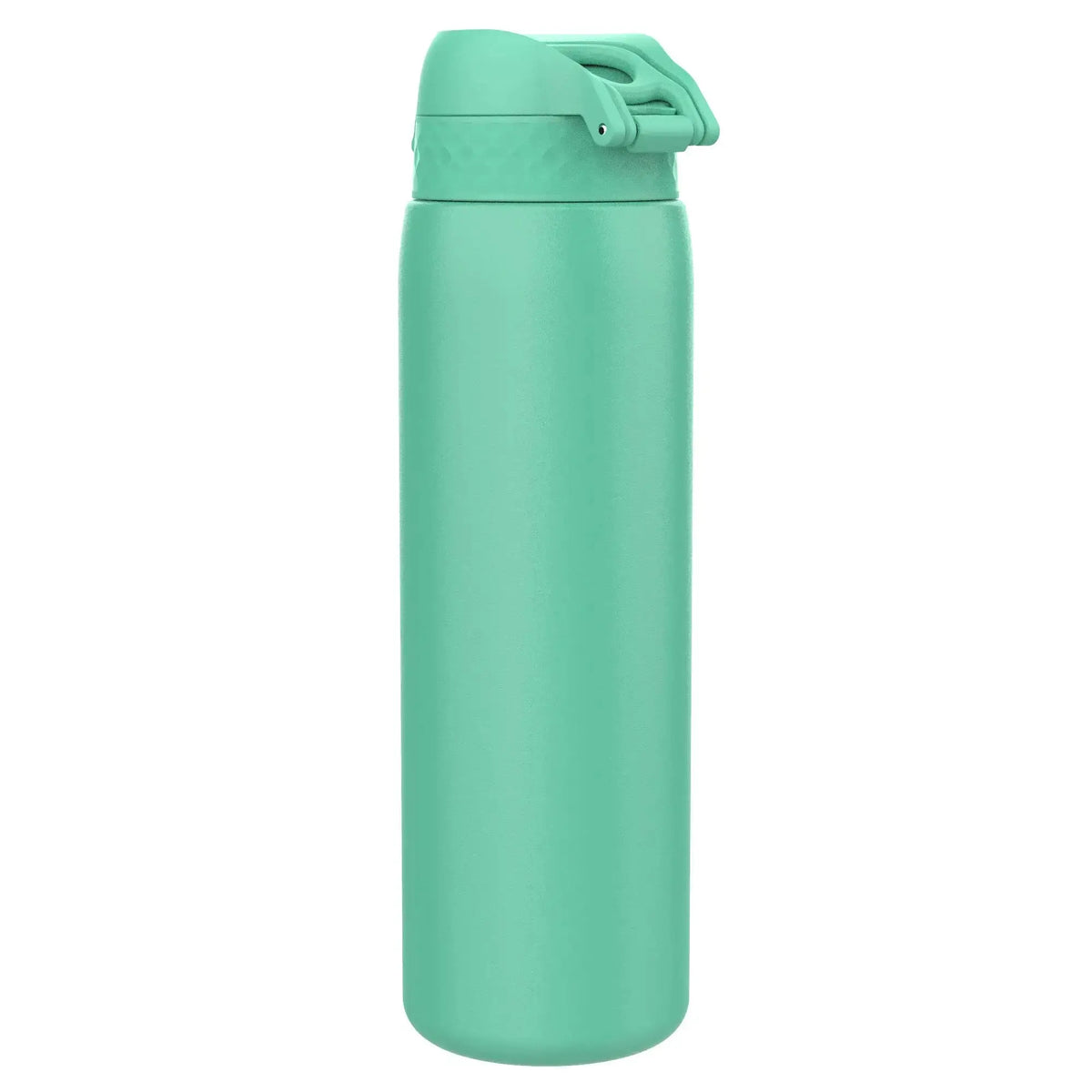 A turquoise stainless steel bottle with a secure hinged lid stands upright on a plain white background showcasing its sleek design and vibrant color