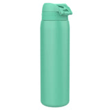 A turquoise stainless steel bottle with a secure hinged lid stands upright on a plain white background showcasing its sleek design and vibrant color