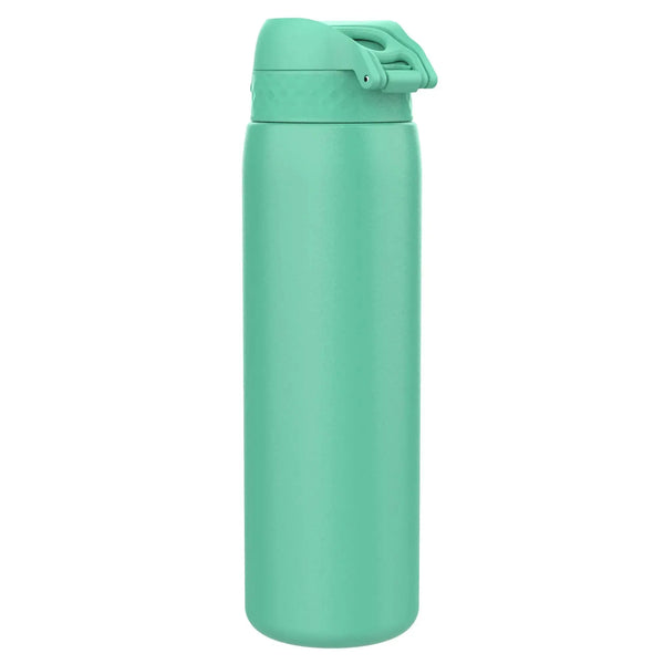 A turquoise stainless steel bottle with a secure hinged lid stands upright on a plain white background showcasing its sleek design and vibrant color
