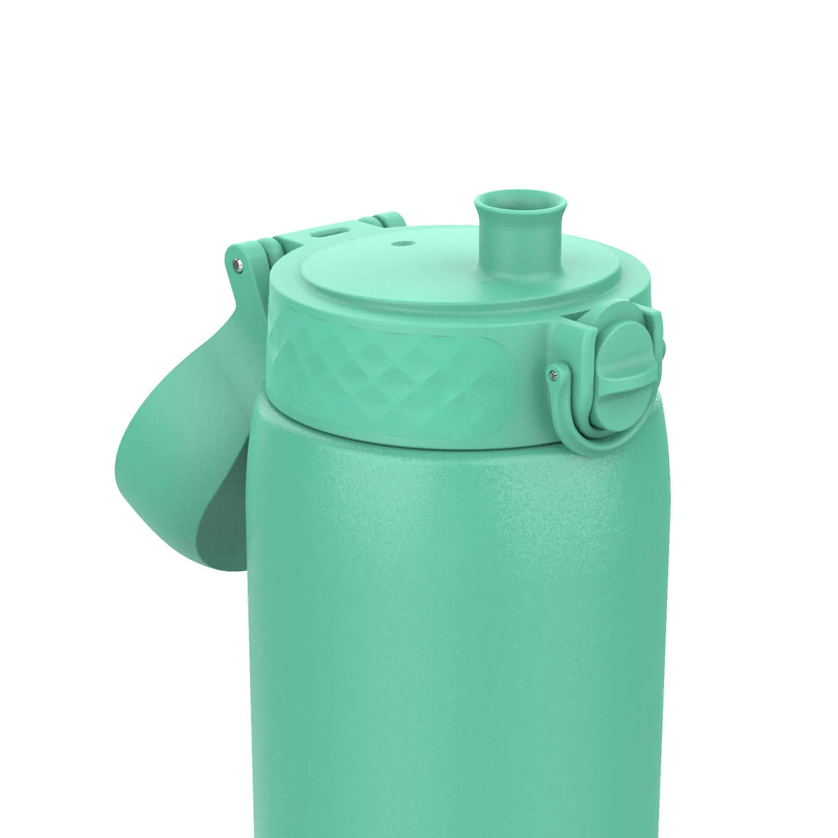 A turquoise water bottle stands upright with a closed spout and a flip-top lid attached on a plain, white background.