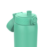 A turquoise water bottle stands upright with a closed spout and a flip-top lid attached on a plain, white background.