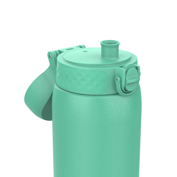 A turquoise water bottle stands upright with a closed spout and a flip-top lid attached on a plain, white background.