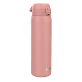 Pink insulated water bottle standing upright featuring a secure flip-top lid on a white background text 