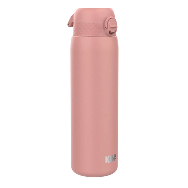 Pink insulated water bottle standing upright featuring a secure flip-top lid on a white background text "ION8" near the bottom