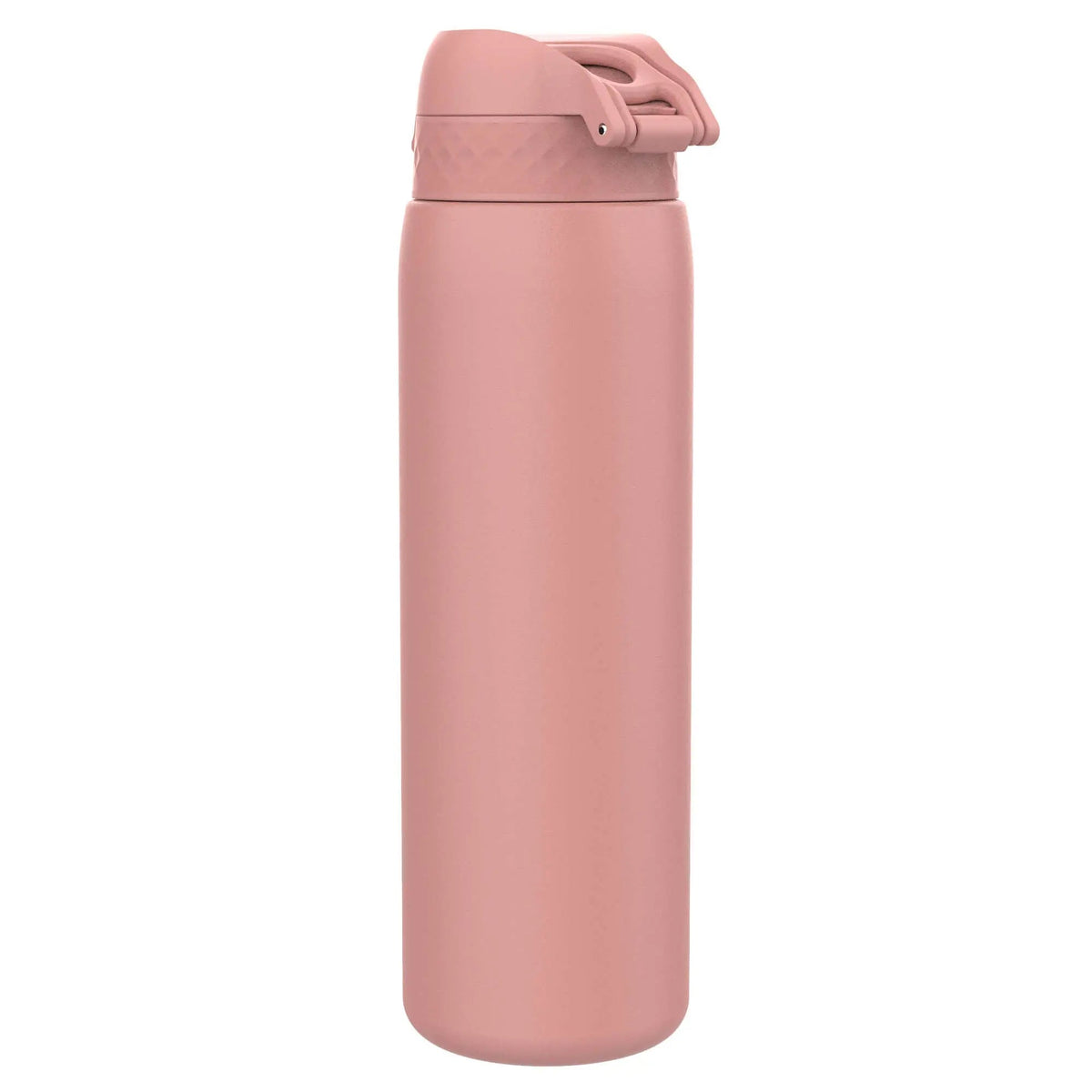 A pink, stainless steel water bottle with a flip-top lid stands against a plain white background.