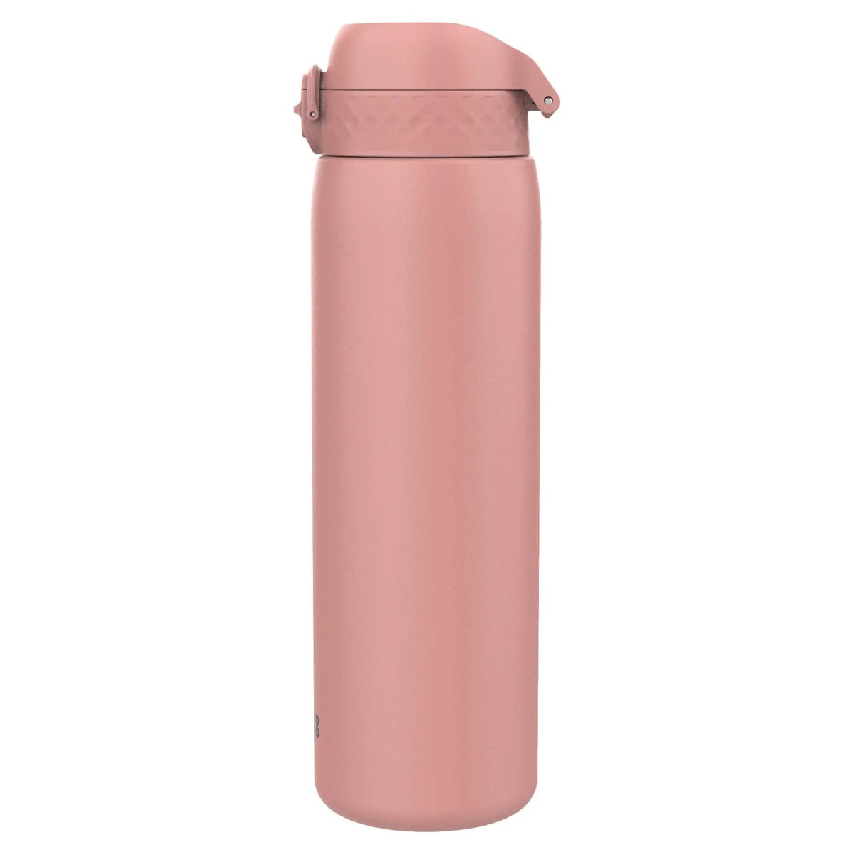 A rose gold insulated travel mug resting upright in a plain white background featuring a flip-top lid designed for easy sipping and secure liquid storage.