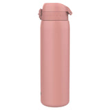 A rose gold insulated travel mug resting upright in a plain white background featuring a flip-top lid designed for easy sipping and secure liquid storage.