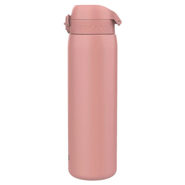 A rose gold insulated travel mug resting upright in a plain white background featuring a flip-top lid designed for easy sipping and secure liquid storage.